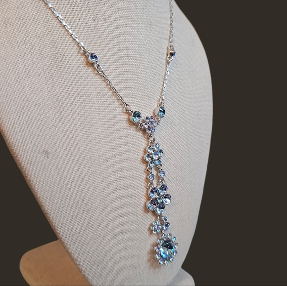 Givenchy NOS 90s Silver Tone With Blue/AB Swarovski Crystals Y Necklace - Picture 4 of 6